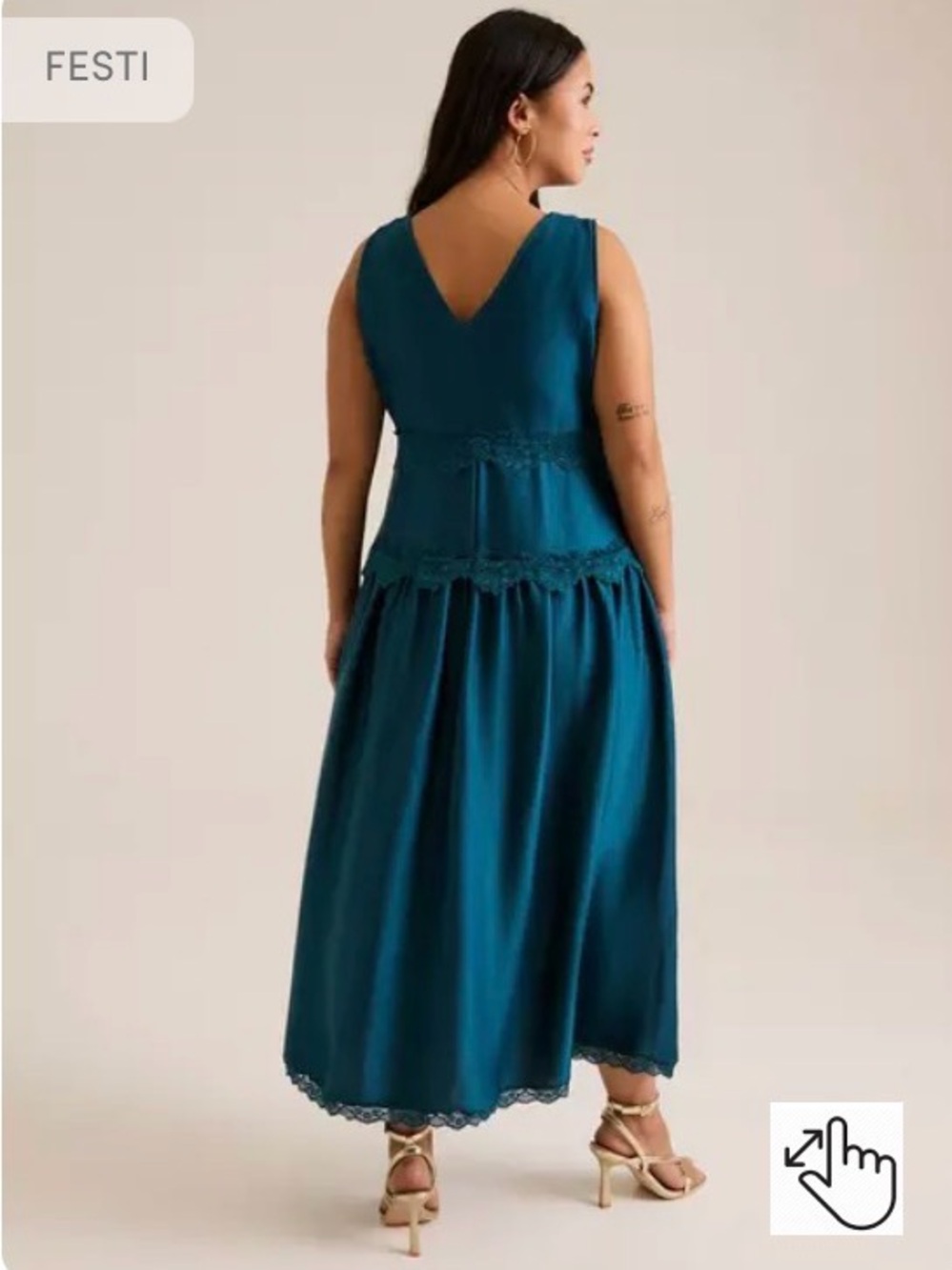 Torrid FESTI Teal Satin Drop Waist Maxi Dress with Lace Trim - Picture 3 of 6